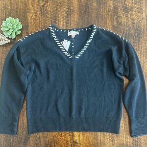Philosophy | Black V-neck Sweater with Chunky Cream Stitching Details, NWT